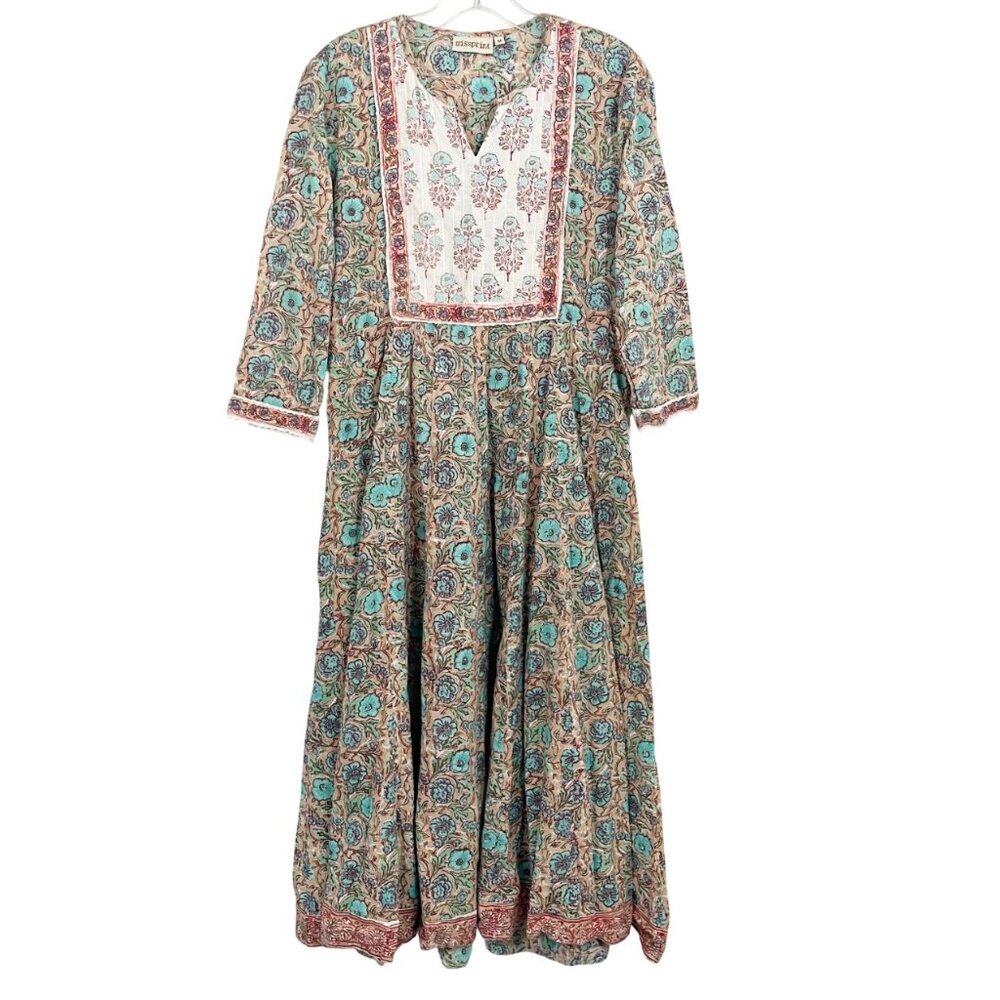 MissPrint Tan Blue‎  Floral Long Sleeve Maxi Dress Boho Indie Size Medium